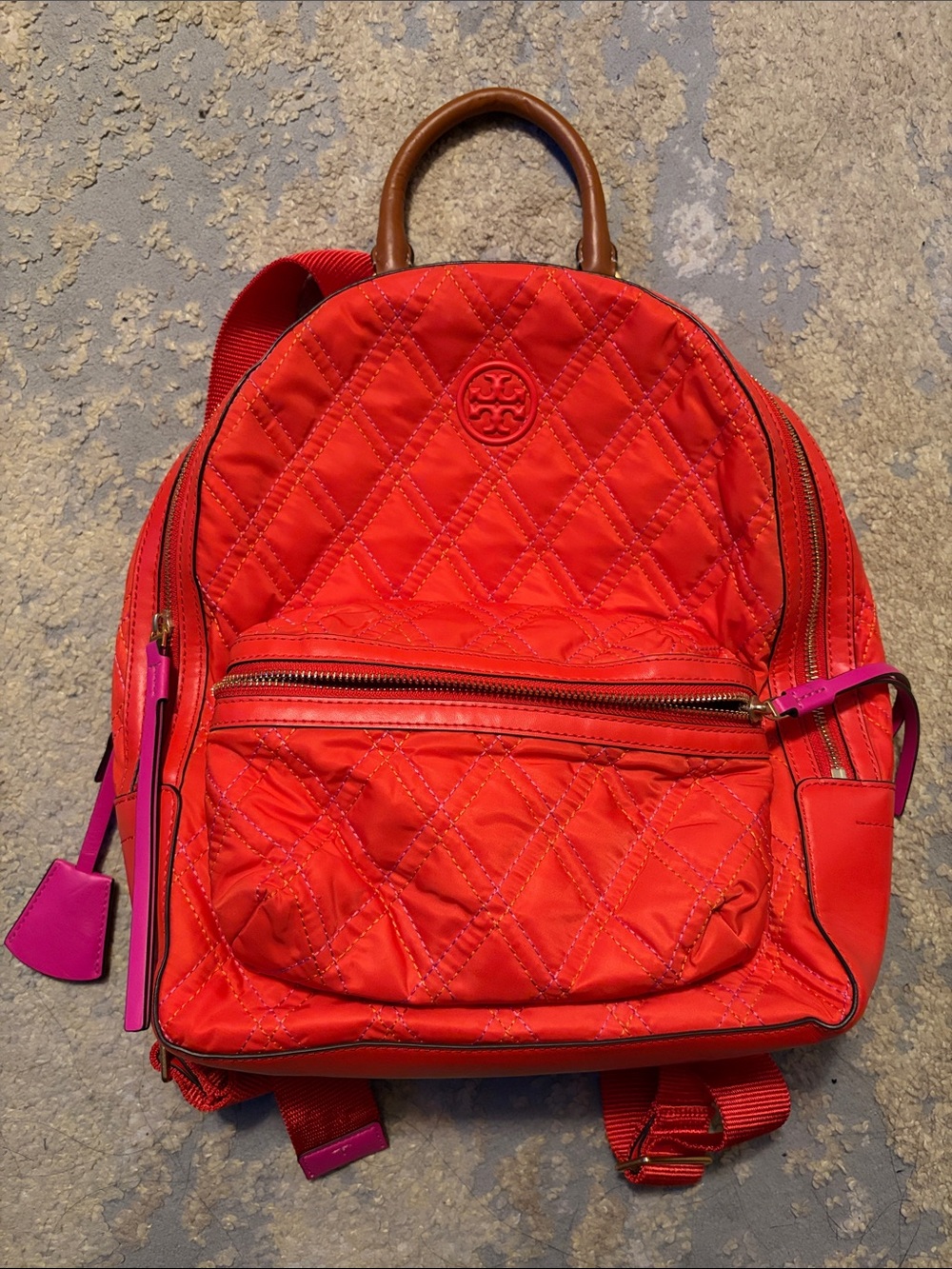 Tory Burch Quilted Red Nylon Backpack with Pink Accents